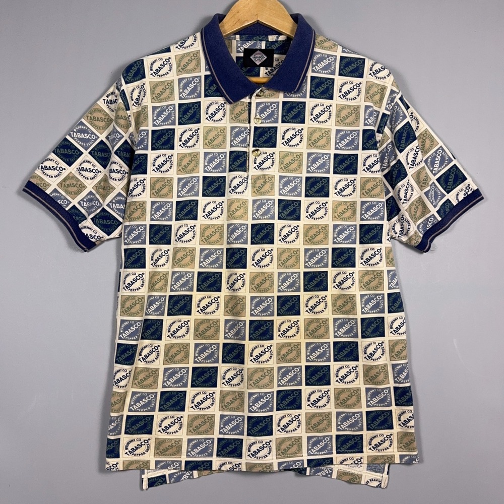 Tabasco‎ Regular Fit Polo Mens Size Medium Cotton All Over Print Blue Novelty